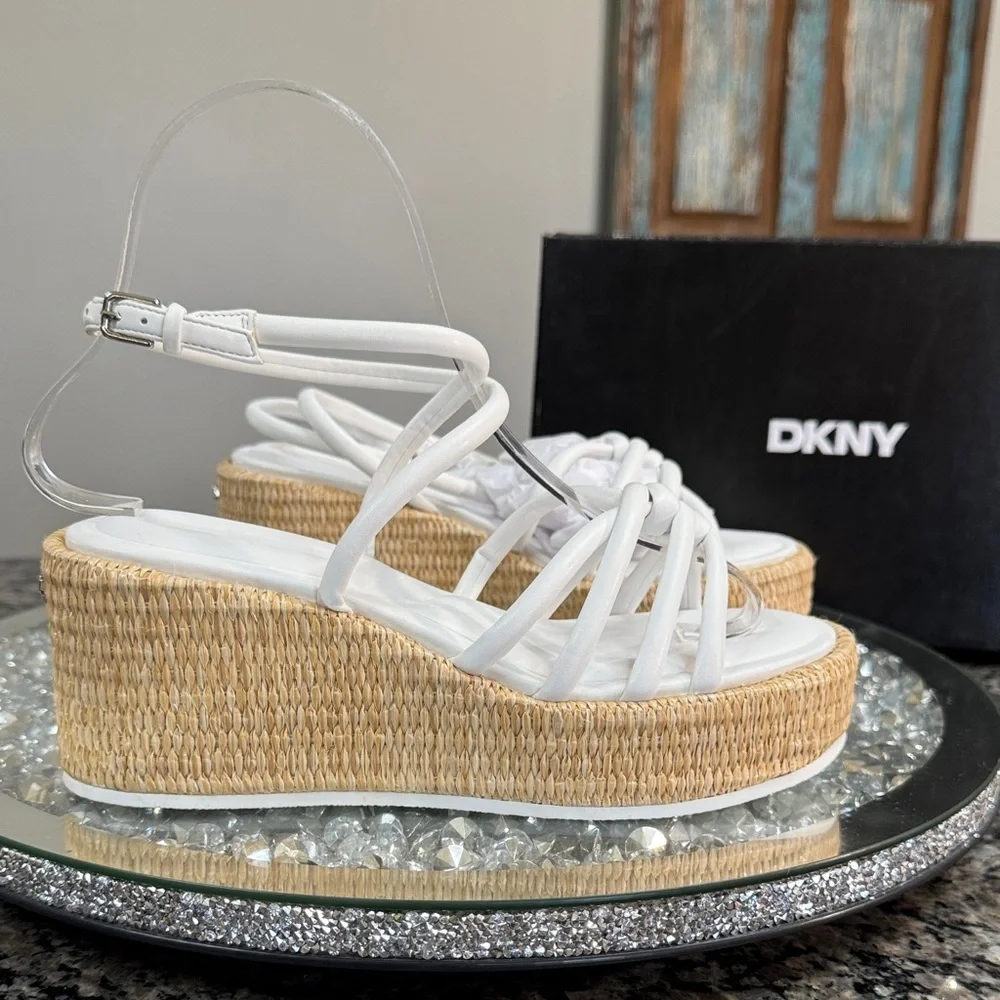 DKNY White Strappy Wedge Sandals with Woven espadrille Platform NEW 6.5